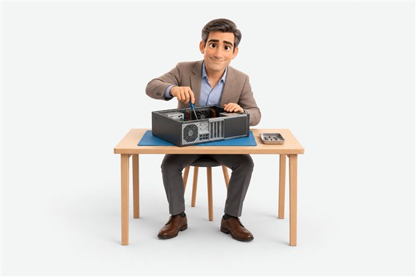 Daniel consertando um computador na bancada