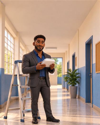 Técnico da 3B conferindo um ponto de Wi-Fi no corredor de uma escola